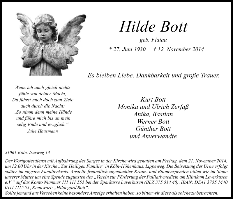  Traueranzeige für Hilde Bott vom 17.11.2014 aus Kölner Stadt-Anzeiger / Kölnische Rundschau / Express