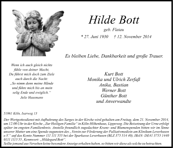 Anzeige von Hilde Bott von Kölner Stadt-Anzeiger / Kölnische Rundschau / Express