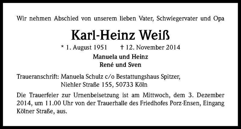  Traueranzeige für Karl-Heinz Weiß vom 29.11.2014 aus Kölner Stadt-Anzeiger / Kölnische Rundschau / Express