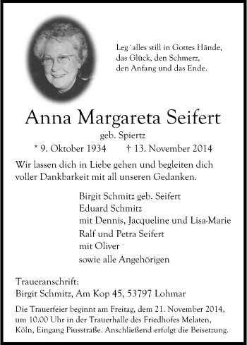 Anzeige von Anna Margarete Seifert von Kölner Stadt-Anzeiger / Kölnische Rundschau / Express