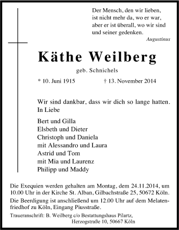 Anzeige von Käthe Weilberg von Kölner Stadt-Anzeiger / Kölnische Rundschau / Express