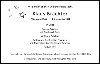 Anzeige von Klaus Brächter von Kölner Stadt-Anzeiger / Kölnische Rundschau / Express