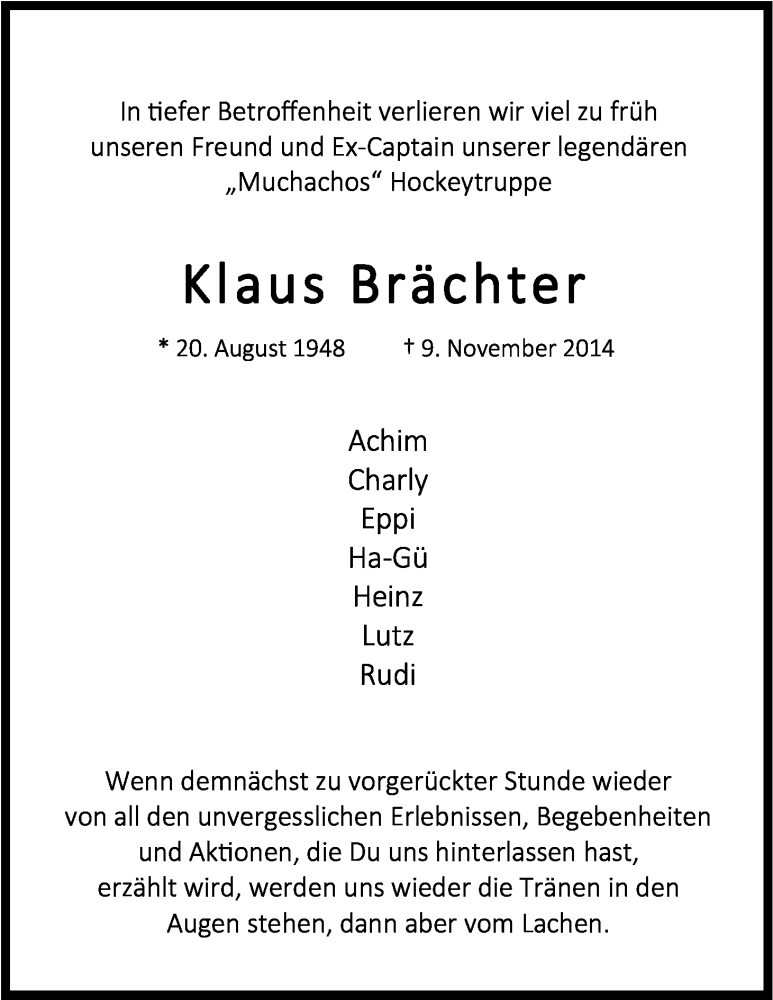  Traueranzeige für Klaus Brächter vom 19.11.2014 aus Kölner Stadt-Anzeiger / Kölnische Rundschau / Express