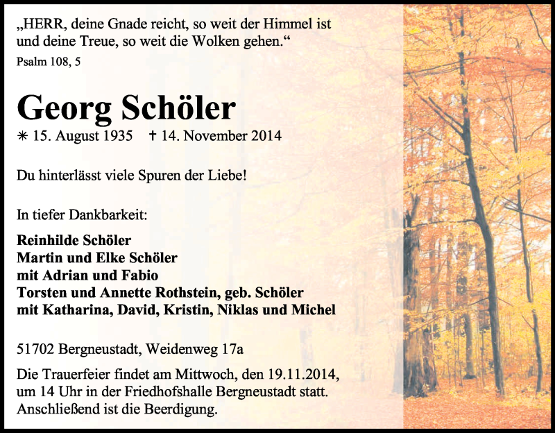 Traueranzeige für Georg Schöler vom 17.11.2014 aus Kölner Stadt-Anzeiger / Kölnische Rundschau / Express