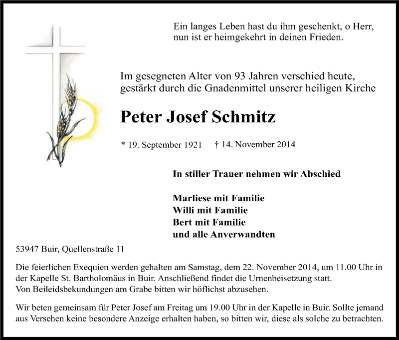  Traueranzeige für Peter Josef Schmitz vom 17.11.2014 aus Kölner Stadt-Anzeiger / Kölnische Rundschau / Express