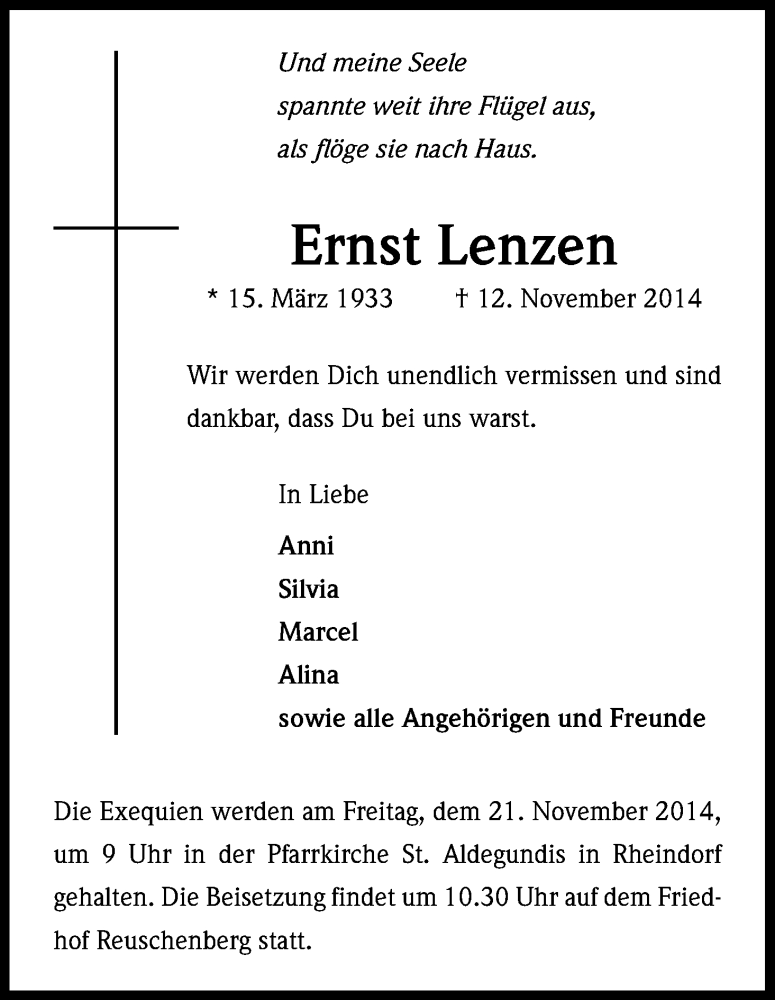  Traueranzeige für Ernst Lenzen vom 18.11.2014 aus Kölner Stadt-Anzeiger / Kölnische Rundschau / Express