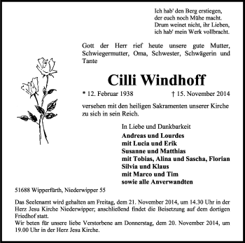 Anzeige von Cilli Windhoff von Kölner Stadt-Anzeiger / Kölnische Rundschau / Express
