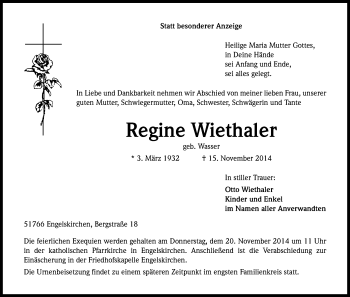 Anzeige von Regine Wiethaler von Kölner Stadt-Anzeiger / Kölnische Rundschau / Express