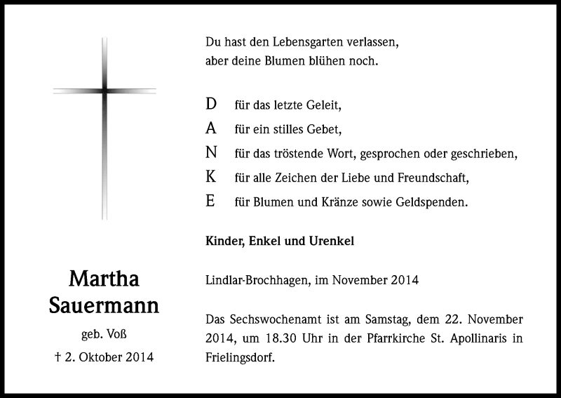  Traueranzeige für Martha Sauermann vom 18.11.2014 aus Kölner Stadt-Anzeiger / Kölnische Rundschau / Express
