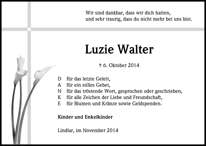  Traueranzeige für Luzie Walter vom 19.11.2014 aus Kölner Stadt-Anzeiger / Kölnische Rundschau / Express