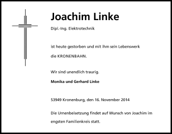 Anzeige von Joachim Linke von Kölner Stadt-Anzeiger / Kölnische Rundschau / Express