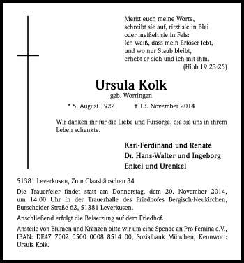 Anzeige von Ursula Kolk von Kölner Stadt-Anzeiger / Kölnische Rundschau / Express