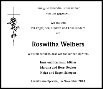 Anzeige von Roswitha Welbers von Kölner Stadt-Anzeiger / Kölnische Rundschau / Express