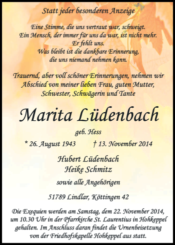 Anzeige von Marita Lüdenbach von Kölner Stadt-Anzeiger / Kölnische Rundschau / Express