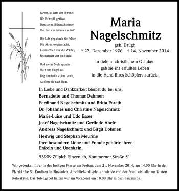 Anzeige von Maria Nagelschmitz von Kölner Stadt-Anzeiger / Kölnische Rundschau / Express