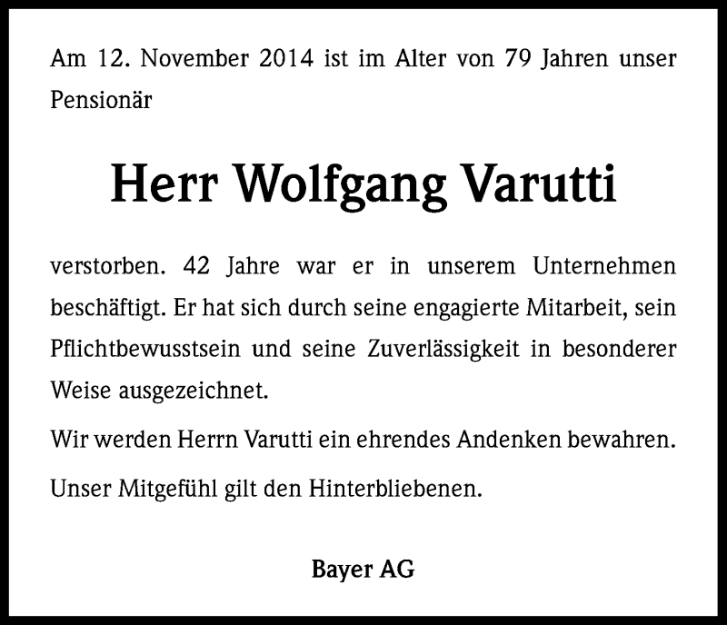  Traueranzeige für Wolfgang Varutti vom 18.11.2014 aus Kölner Stadt-Anzeiger / Kölnische Rundschau / Express