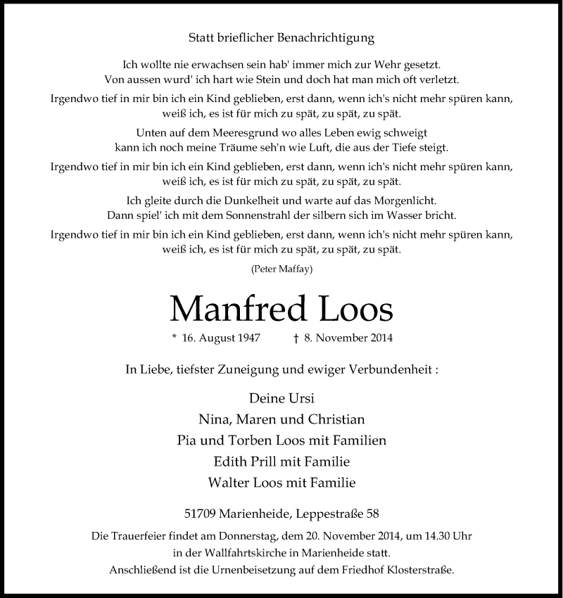  Traueranzeige für Manfred Loos vom 18.11.2014 aus Kölner Stadt-Anzeiger / Kölnische Rundschau / Express