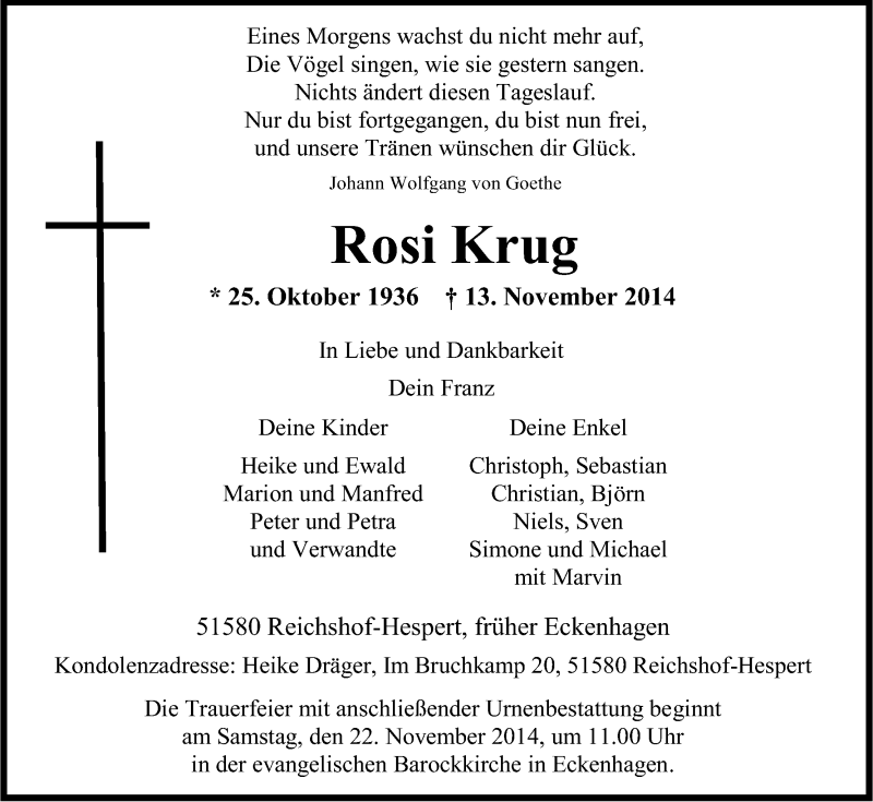  Traueranzeige für Rosi Krug vom 18.11.2014 aus Kölner Stadt-Anzeiger / Kölnische Rundschau / Express