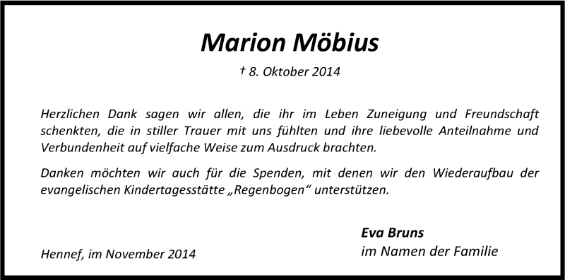  Traueranzeige für Marion Möbius vom 19.11.2014 aus Kölner Stadt-Anzeiger / Kölnische Rundschau / Express
