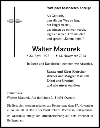 Anzeige von Walter Mazurek von Kölner Stadt-Anzeiger / Kölnische Rundschau / Express