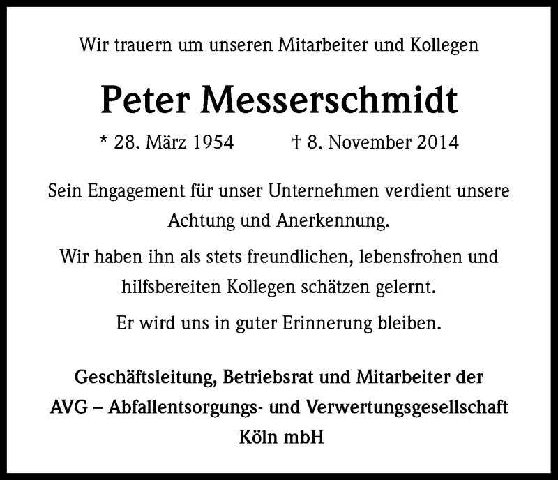  Traueranzeige für Peter Messerschmidt vom 18.11.2014 aus Kölner Stadt-Anzeiger / Kölnische Rundschau / Express