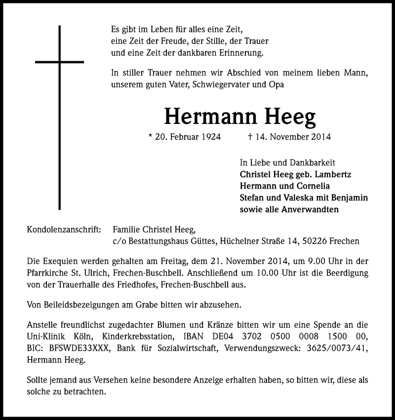  Traueranzeige für Hermann Heeg vom 19.11.2014 aus Kölner Stadt-Anzeiger / Kölnische Rundschau / Express