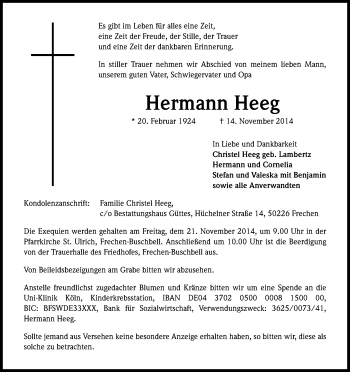 Anzeige von Hermann Heeg von Kölner Stadt-Anzeiger / Kölnische Rundschau / Express