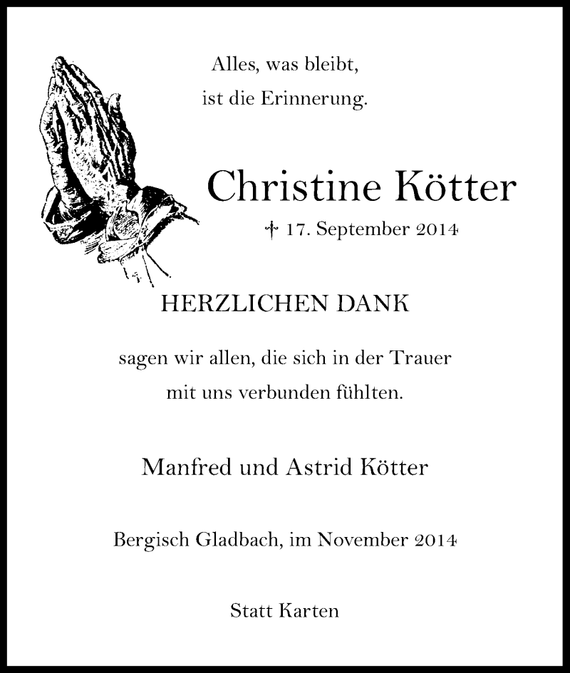  Traueranzeige für Christine Kötter vom 19.11.2014 aus Kölner Stadt-Anzeiger / Kölnische Rundschau / Express