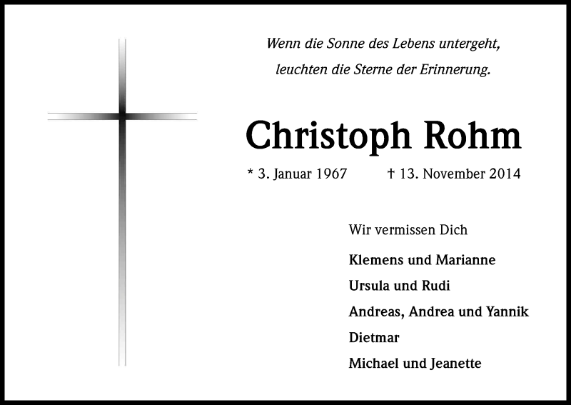  Traueranzeige für Christoph Rohm vom 19.11.2014 aus Kölner Stadt-Anzeiger / Kölnische Rundschau / Express