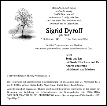Anzeige von Sigrid Dyroff von Kölner Stadt-Anzeiger / Kölnische Rundschau / Express