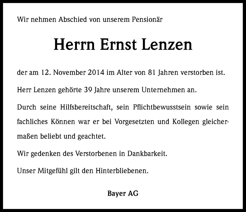  Traueranzeige für Ernst Lenzen vom 18.11.2014 aus Kölner Stadt-Anzeiger / Kölnische Rundschau / Express