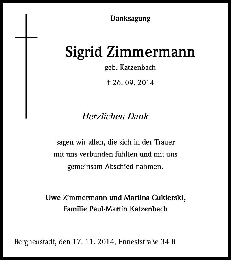  Traueranzeige für Sigrid Zimmermann vom 22.11.2014 aus Kölner Stadt-Anzeiger / Kölnische Rundschau / Express