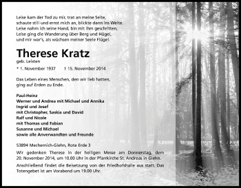 Anzeige von Therese Kratz von Kölner Stadt-Anzeiger / Kölnische Rundschau / Express