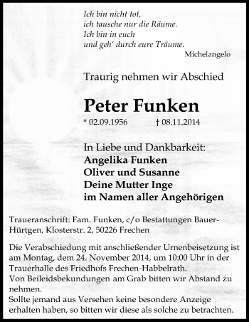 Anzeige von Peter Funken von Kölner Stadt-Anzeiger / Kölnische Rundschau / Express