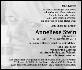 Anzeige von Anneliese Stein von Kölner Stadt-Anzeiger / Kölnische Rundschau / Express