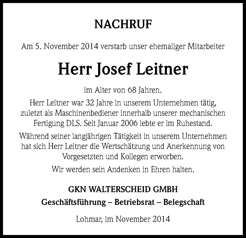  Traueranzeige für Josef Leitner vom 19.11.2014 aus Kölner Stadt-Anzeiger / Kölnische Rundschau / Express