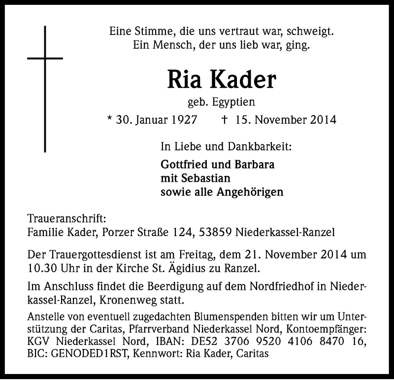  Traueranzeige für Ria Kader vom 19.11.2014 aus Kölner Stadt-Anzeiger / Kölnische Rundschau / Express