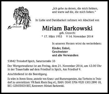 Anzeige von Miriam Barkowski von Kölner Stadt-Anzeiger / Kölnische Rundschau / Express