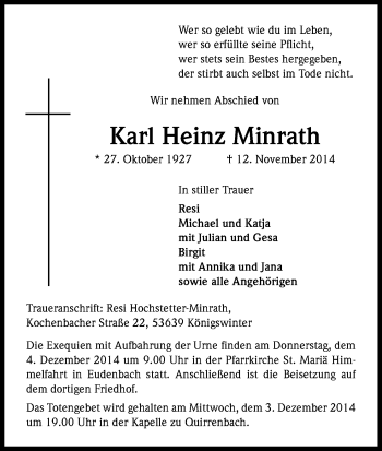Anzeige von Karl Heinz Minrath von Kölner Stadt-Anzeiger / Kölnische Rundschau / Express