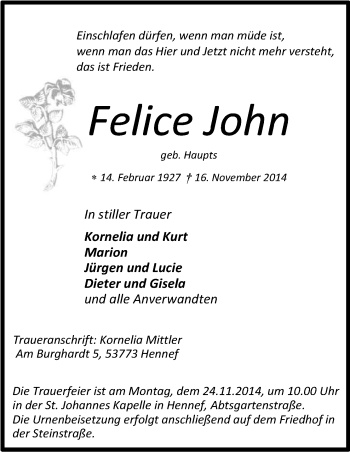 Anzeige von Felice John von Kölner Stadt-Anzeiger / Kölnische Rundschau / Express