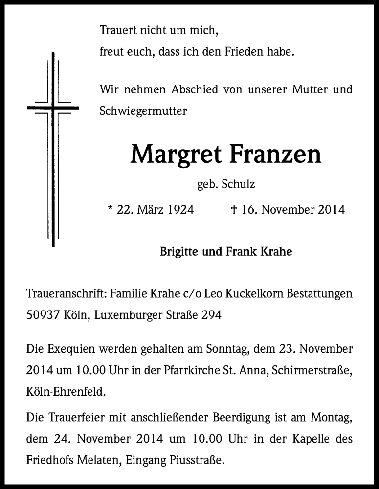 Traueranzeige für Margret Franzen vom 19.11.2014 aus Kölner Stadt-Anzeiger / Kölnische Rundschau / Express