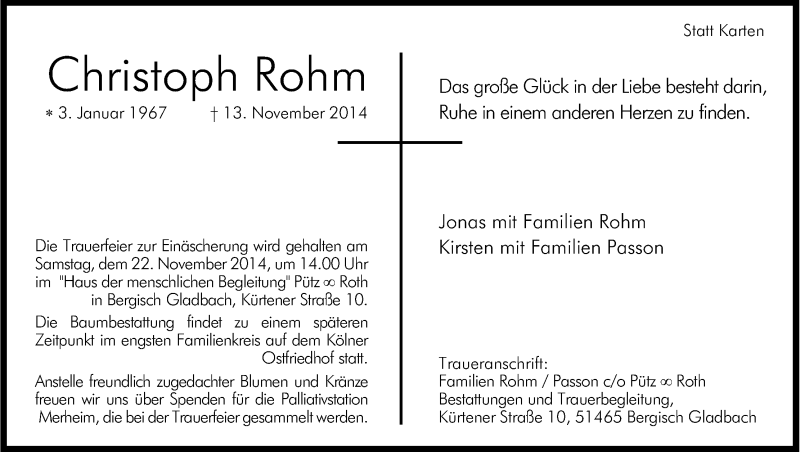 Traueranzeige für Christoph Rohm vom 19.11.2014 aus Kölner Stadt-Anzeiger / Kölnische Rundschau / Express