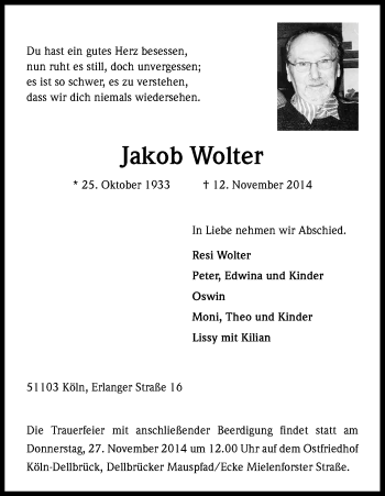 Anzeige von Jakob Wolter von Kölner Stadt-Anzeiger / Kölnische Rundschau / Express