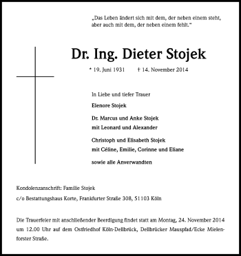Anzeige von Dieter  Stojek von Kölner Stadt-Anzeiger / Kölnische Rundschau / Express