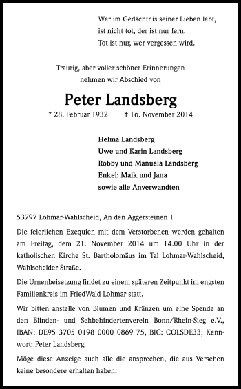 Anzeige von Peter Landsberg von Kölner Stadt-Anzeiger / Kölnische Rundschau / Express