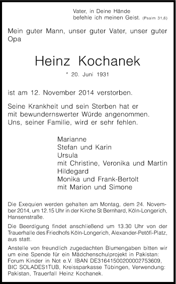 Anzeige von Heinz Kochanek von Kölner Stadt-Anzeiger / Kölnische Rundschau / Express