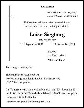 Anzeige von Luise Siegburg von Kölner Stadt-Anzeiger / Kölnische Rundschau / Express
