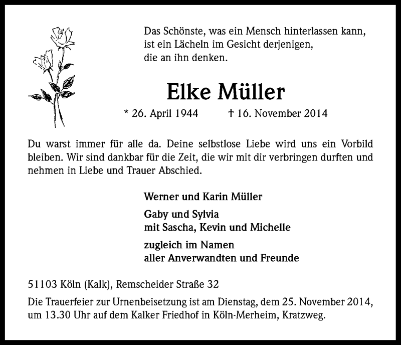  Traueranzeige für Elke Müller vom 22.11.2014 aus Kölner Stadt-Anzeiger / Kölnische Rundschau / Express