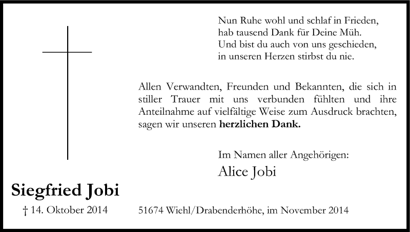  Traueranzeige für Siegfried Jobi vom 22.11.2014 aus Kölner Stadt-Anzeiger / Kölnische Rundschau / Express