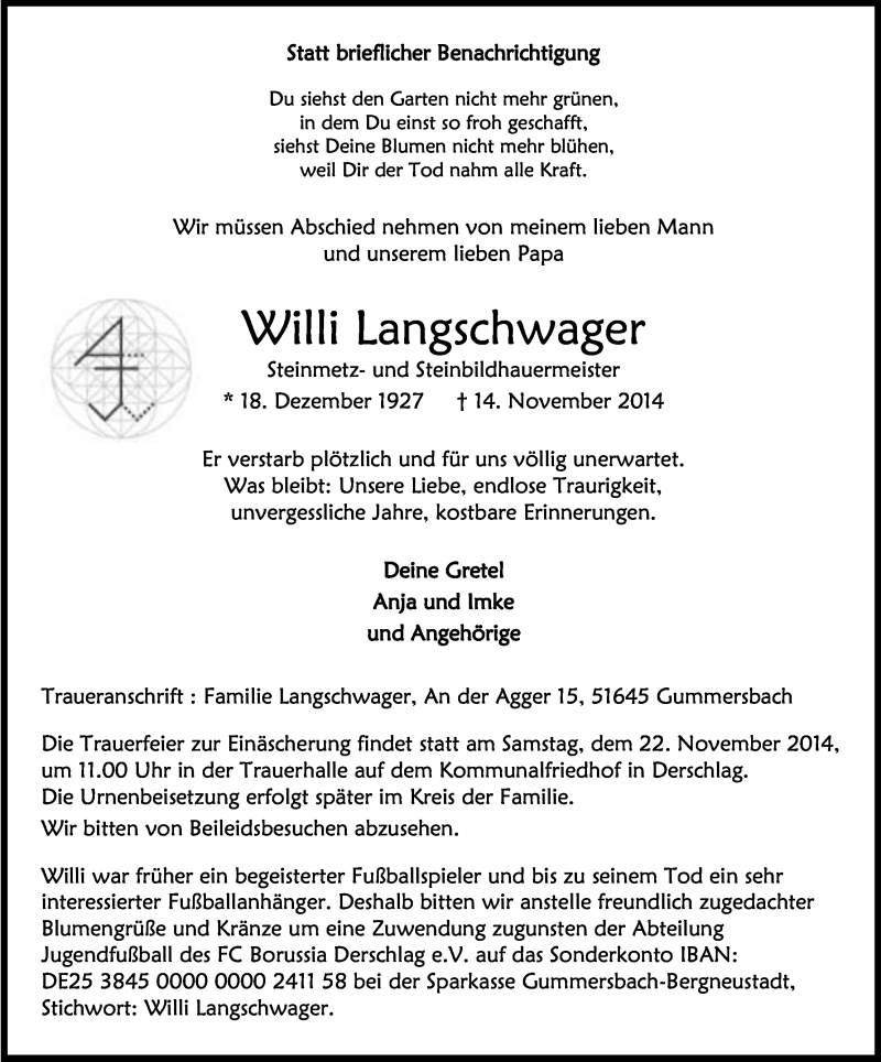  Traueranzeige für Willi Langschwager vom 19.11.2014 aus Kölner Stadt-Anzeiger / Kölnische Rundschau / Express